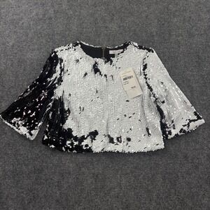 Lucy Paris Sequin Crop Top XS Black White Two Tone Shimmer Bell Sleeve NWT Women